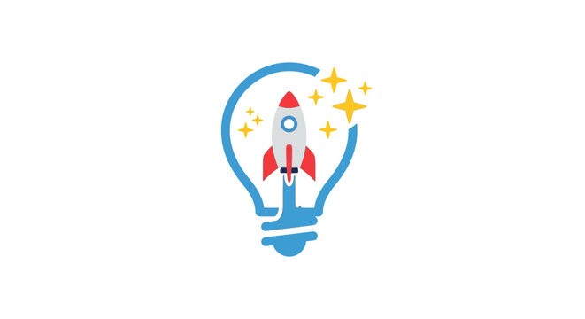 A rocket ship launches inside a glowing blue light bulb icon