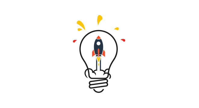 A rocket ship launches inside a glowing light bulb icon
