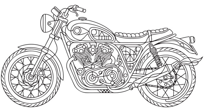 Vintage motorcycle line art vector with intricate patterns for coloring book and creative hobby