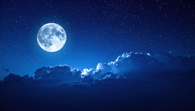 Full Moon Shining Brightly Over Dramatic Clouds in a Starry Night Sky