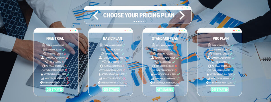 Pricing Plan Selection for Business Strategy with Hands and Charts Displayed on a Modern Work Desk Quark.