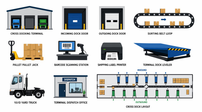 Warehouse and logistics equipment and vehicles illustration.
