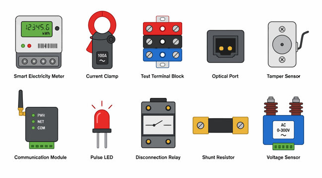 Collection of electronic components and sensors icons.