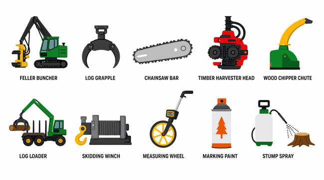 Collection of heavy machinery and construction equipment icons.