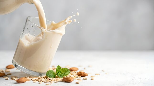 Pouring fresh plant milk into glass with dynamic splash