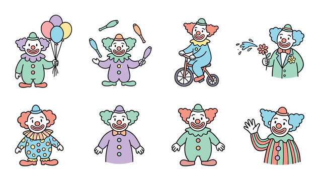 Cartoon clowns performing various circus acts and playful gestures, including juggling, riding a bicycle, and holding balloons, depicted in a charming, colorful illustration style.