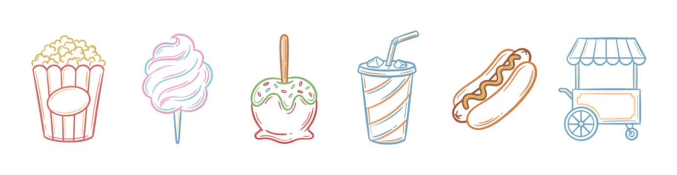 Delicious fairground snacks and beverages are depicted in a charming doodle style illustration, featuring a classic food cart, popcorn, cotton candy, candy apple, soda, and hot dog.