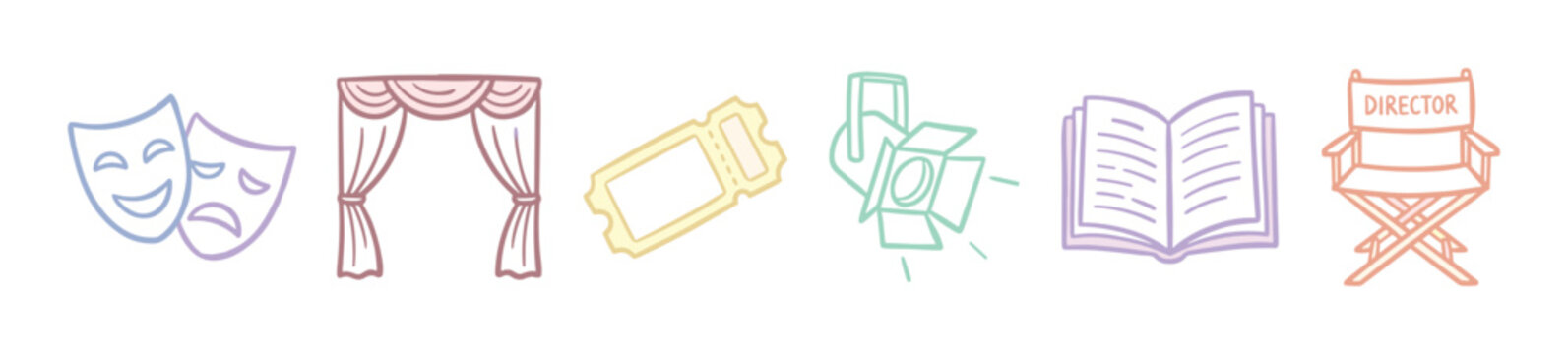 Collection of hand-drawn theater icons representing various elements of performing arts and stage production with a soft aesthetic.