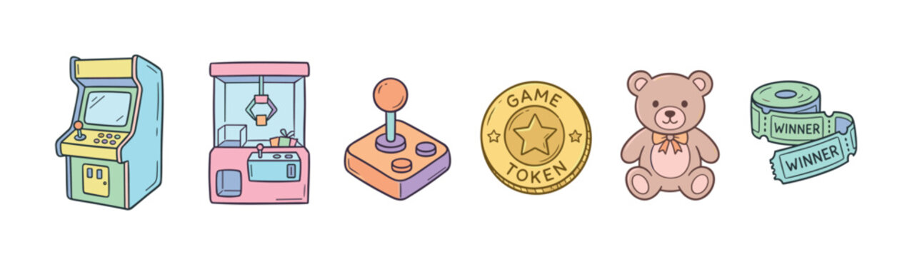 Arcade game elements including a classic machine, claw crane, joystick, game token, teddy bear, and winner tickets in a playful cartoon style.