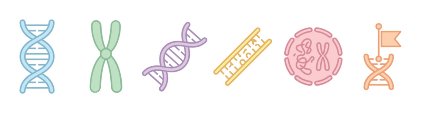 DNA and genetics icons collection representing molecular biology, heredity, and scientific research concepts in a colorful flat design style.