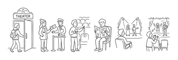 Obraz premium People enjoying a theater performance, showing the complete experience from entering the building, ticket check, finding seats, watching the show, and applauding the actors.