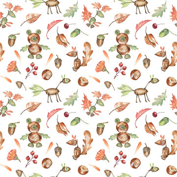 Childish seamless pattern with cute autumn animals created from acorns, chestnuts, and leaves. Watercolor hand-drawn elements. For nursery room wallpapers, fabric, bedding, pajamas, home textile