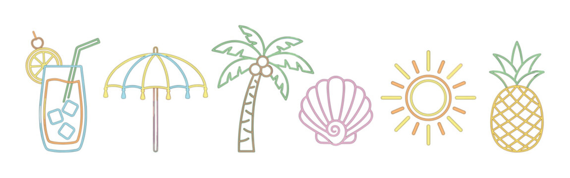 Cocktail umbrella palm tree seashell sun pineapple icons in a vibrant pastel neon outline style, perfect for summer vacation designs and holiday concepts.