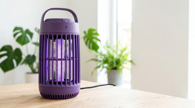 Purple insect zapper on wooden table with bright interior and greenery in background. The insect zapper features a modern design, effectively attracting and eliminating pests indoors.