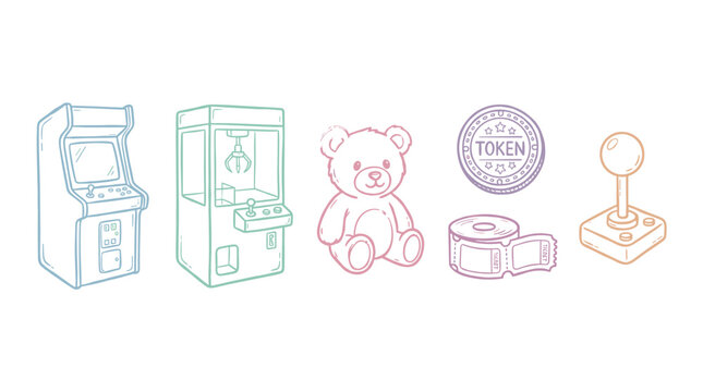 Arcade game elements, claw machine, teddy bear, token, tickets, and joystick in a colorful outline illustration representing fun entertainment.