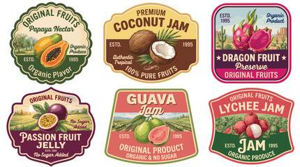 Exquisite Vintage Label Design Featuring Exotic Fruit Jams And Tropical Nectars With Rustic Farm Illustrations For Gourmet Food Packaging © OKM Studio