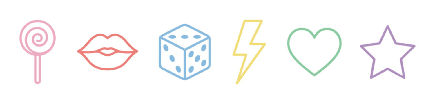 Lollipop lips dice lightning heart star outline icons in a row with pastel colors, symbolizing fun, love, chance, and energy in a minimalist style.