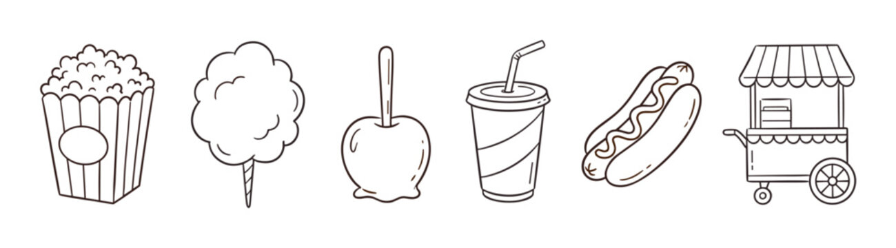 Popcorn, cotton candy, candy apple, soda, hot dog, and vendor cart are charmingly illustrated in a simple outline style, perfect for fairground themes.