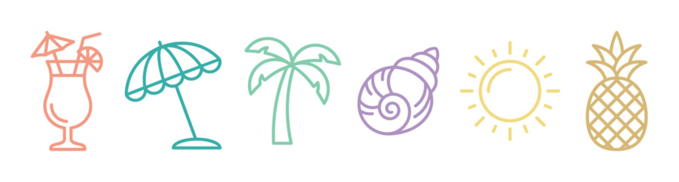 Summer vacation icons, a collection of colorful outline illustrations featuring a tropical cocktail, beach umbrella, palm tree, seashell, sun, and pineapple.