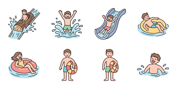 Children playing water activities, including sliding down a flume, jumping into a pool, and floating on inner tubes, enjoying summer fun.