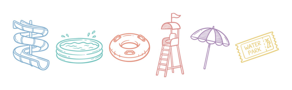 Water park elements, summer vacation, and aquatic recreation items are cheerfully illustrated with a playful doodle line art style.