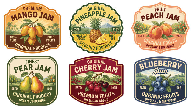 Collection of Retro Fruit Jam Jar Labels Featuring Artistic Vintage Label Design Elements for Organic Natural Food Product Branding Packaging Styles