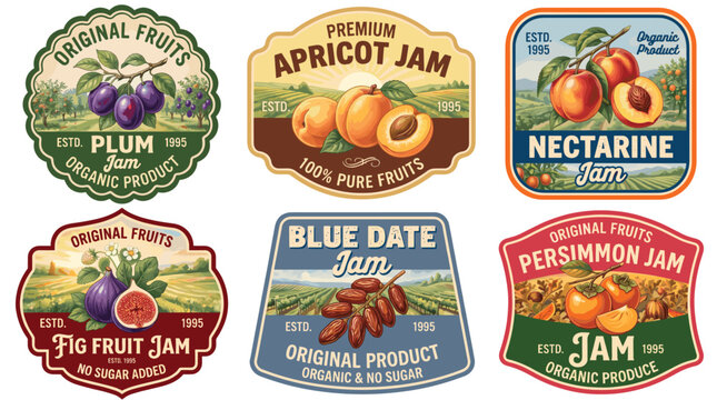 Set of Assorted Fruit Jam Jar Labels Featuring Vintage Label Design Styles with Natural Orchard Illustrations for Organic Farm Products