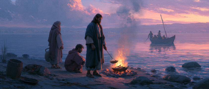 Jesus cooking fish on a charcoal fire at dawn on the shore of Galilee as disciples arrive by boat