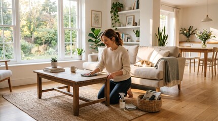 Fototapeta premium Woman cleaning a wooden coffee table in a bright living room with a cat sleeping on the sofa