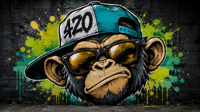 Urban graffiti monkey wearing sunglasses and a 420 cap on a black brick wall, bold street art style with green paint splashes.