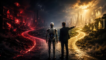 Fototapeta premium Human and robot facing a glowing future path. Artificial intelligence, transformation & innovation concept. 