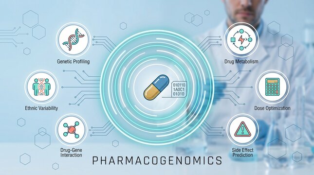 Pharmacogenomics Research Concept With Genetic Profiling For Personalized Medicine Technology