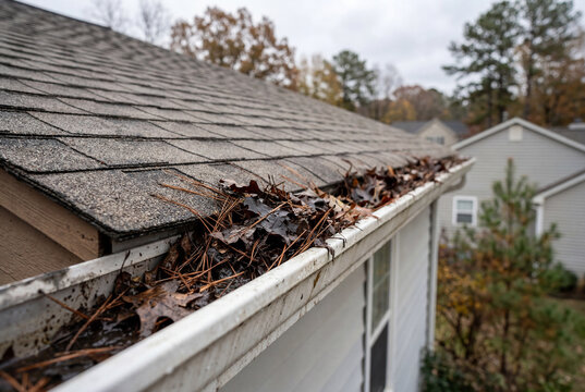 Residential roof gutter clogged with wet leaves and debris