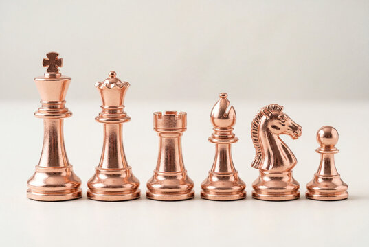 Rose gold chess pieces in a row on white surface