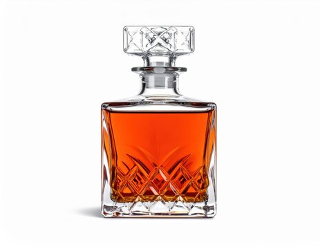 Crystal Decanter Filled with Amber Whiskey on White Background