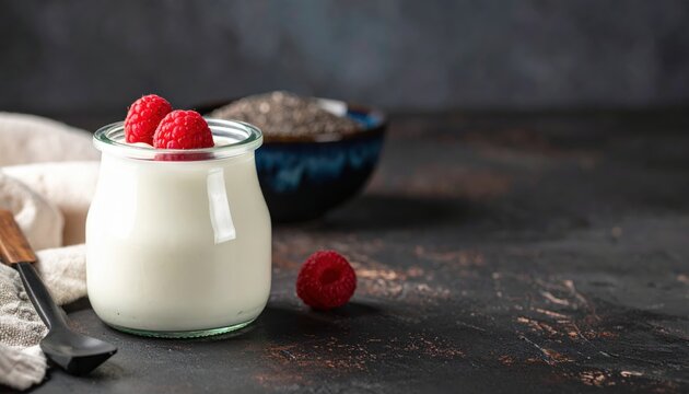 Creamy Yogurt with Fresh Raspberries and Chia Seeds, Healthy Breakfast Food