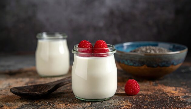 Delicious Yogurt Jars with Fresh Raspberries and Chia Seeds, Healthy Breakfast