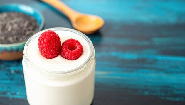 Healthy Raspberry Yogurt with Chia Seeds Ingredient Food Breakfast Dessert.