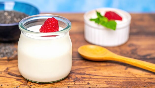 Dairy Yogurt in Glass Jar with Raspberry and Mint, Wooden Spoon, Healthy Breakfast Food Photography