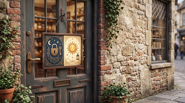 Mystical shop entrance with celestial lock and key sign and sun motif
