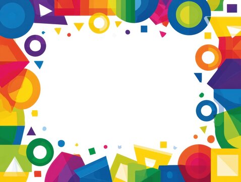 Colorful geometric shapes like circles triangles and squares form a vivid rainbow border frame surrounding a clean white central area.