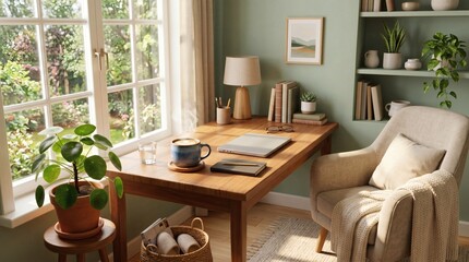 Fototapeta premium Cozy home office with a wooden desk, laptop, coffee, and plants by a sunny window