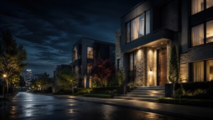 Obraz premium Stylish contemporary home at blue hour. Residential architecture, property marketing & upscale living concept. 