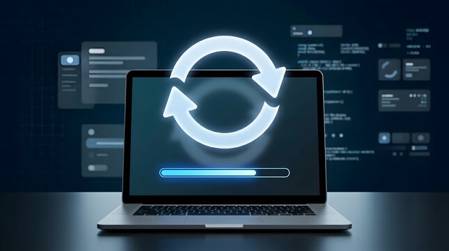 Laptop Computer Displaying Software Update Synchronization and System Upgrade Progress