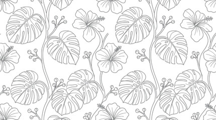 Fototapeta premium Tropical hibiscus and monstera seamless pattern line art for coloring pages