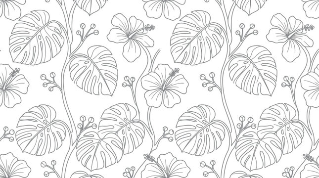 Tropical hibiscus and monstera seamless pattern line art for coloring pages