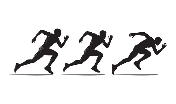 Black Silhouettes Of Person Sprinting Showing Three Stages Of Running Motion, Isolated On White Background