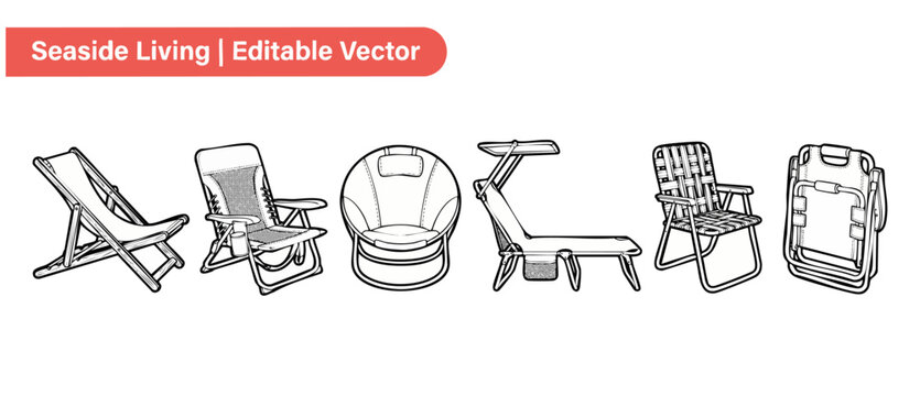 Beach chair vector outline set of folding lounge furniture for seaside living and outdoor camping travel, featuring minimalist clean outline design clipart graphics for deckchairs and lawn seating.