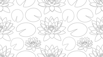 Fototapeta premium Seamless lotus flower and lily pad line art pattern for coloring and design