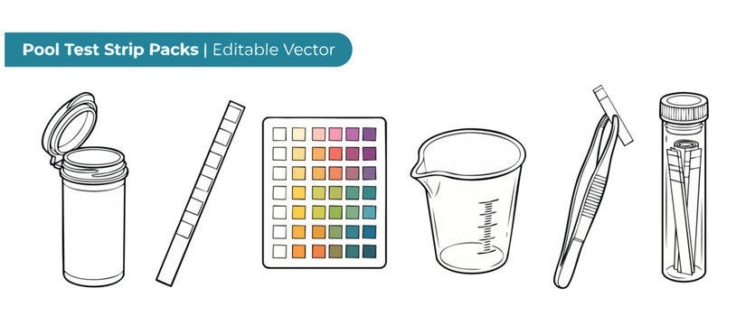 Pool testing strip kit icons representing water quality analysis setup with color chart, beaker, tweezers, and vial, designed in clean line art outline vector style isolated on white background packs.